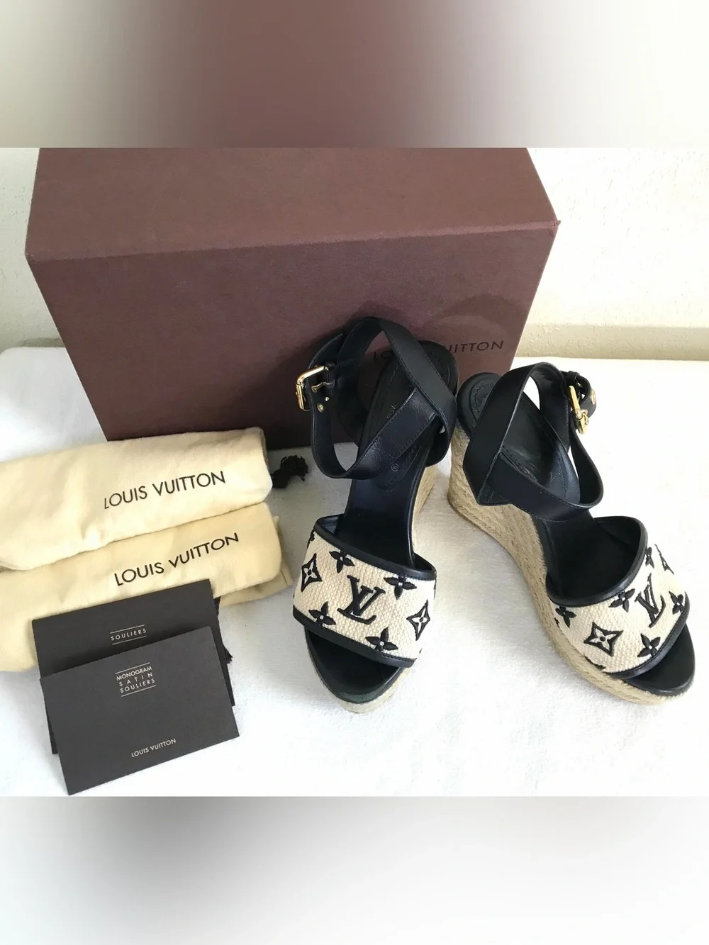 Louis Vuitton Black and Natural Monogram Espadrille Wedges - Picture 1 of 12